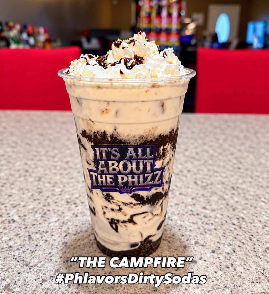 The Campfire dirty soda — It's All About The Phizz branded cup