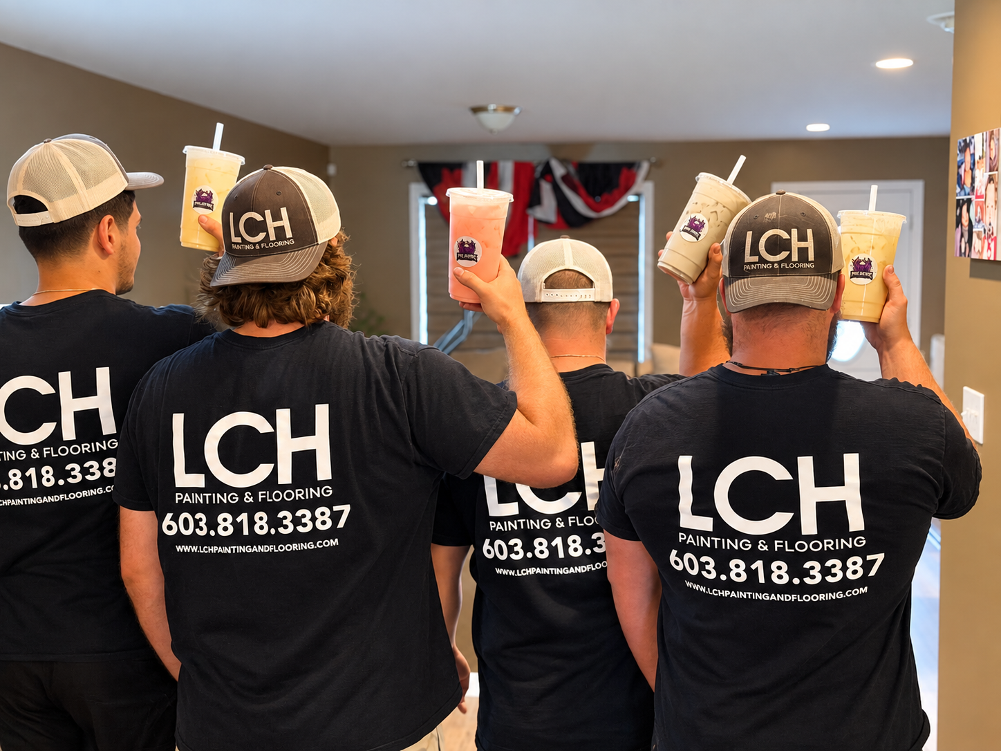 LCH Painting & Flooring team raising Phlavors dirty sodas at a job site