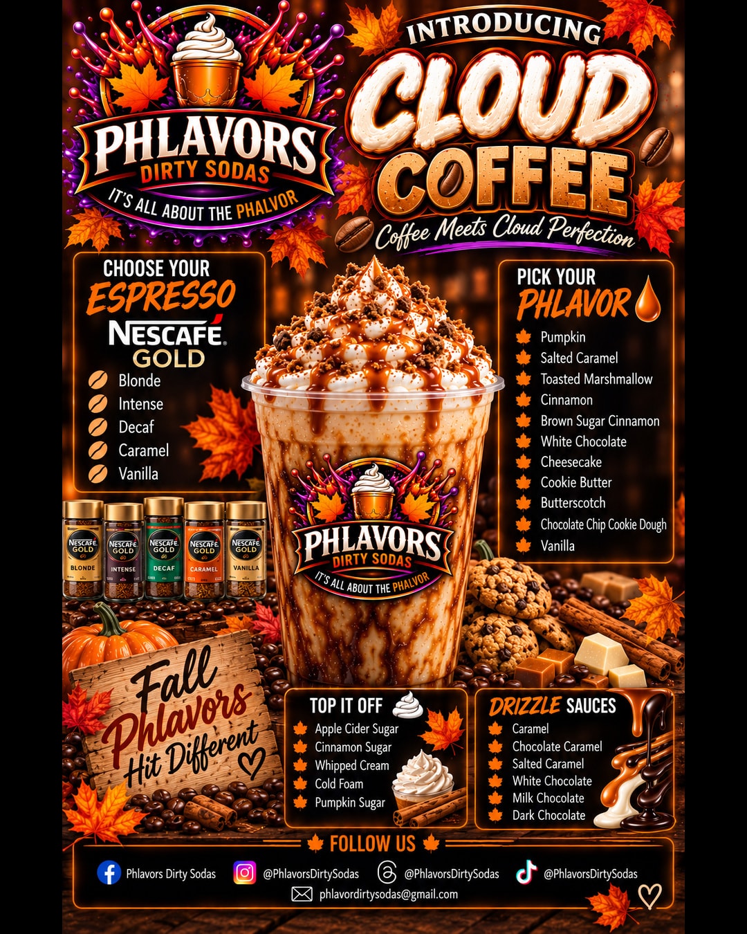 Phlavors Cloud Coffee fall menu flyer — click to view full menu